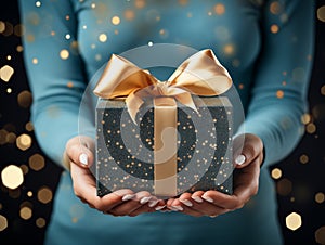 Close up hands of young woman holding gift box tied with a bow. Christmas, New Year, Birthday, Anniversary concept.