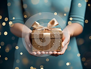 Close up hands of young woman holding gift box tied with a bow. Christmas, New Year, Birthday, Anniversary concept.
