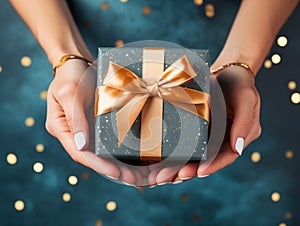 Close up hands of young woman holding gift box tied with a bow, top view. Christmas, New Year, Birthday, Anniversary concept.