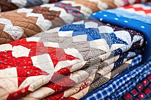 close-up of handsewn quilts in various patterns