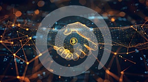 Close up of handshake and digital bitcoin symbol. Blockchain and cryptocurrency concept.