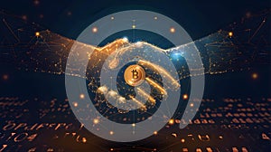 Close up of handshake and digital bitcoin symbol. Blockchain and cryptocurrency concept.