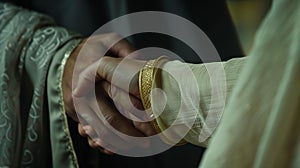 Close-up of a handshake between an Indian man and woman dressed in elegant, ethnic attire