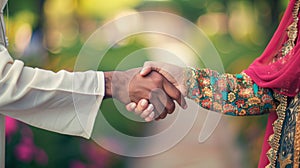 Close-up of a handshake between an Indian man and woman dressed in vibrant, ethnic attire