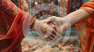 Close-up of a handshake between an Indian man and woman dressed in vibrant, ethnic attire with lively patterns in the