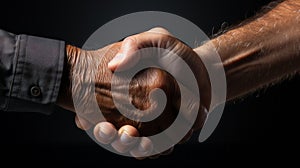 Close-up of a Handshake between an old black hand with grey sleeve and a mature white hand on dark