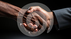 Close-up of a Handshake between an old black hand and a white hand of a business man on dark