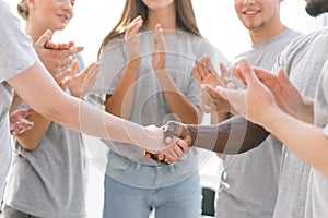 close up. handshake of the participants of the international seminar