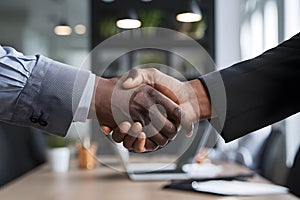 Close up handshake of two businessmen in blurred office setting