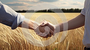 Close up of handshake of two men in shirts against the background of a wheat field
