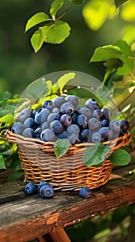 Close-up of a handwoven basket on a wooden bench, laden with dewy blueberries surrounded by lush leaves.