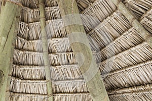 Close-up of hanging edge of thatched umbrellas on beach