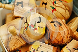 Close up of hanukkah dreidels