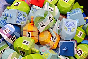 Close up of hanukkah dreidels