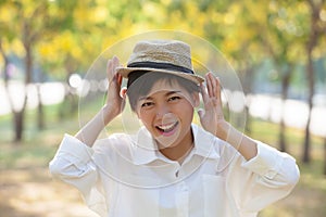 Close up happiness emotion of asian younger woman laughing