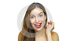 Close-up of happy beautiful smiling woman looking at camera over white background