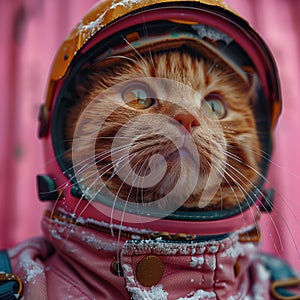 Close up of a happy Cat in a magenta space suit and helmet