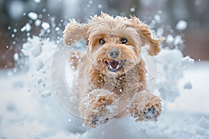 Close-up of a happy Cavapoo dog joyfully running through snow photo