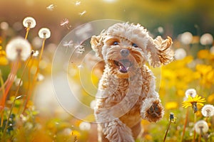 Close-up of a happy Cavapoo dog playing in a field of dandelions photo