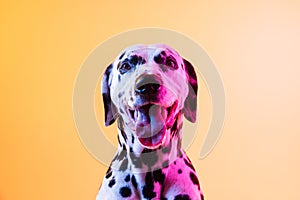 Close-up happy Dalmatian, purebred dog posing isolated on yellow background in neon light.