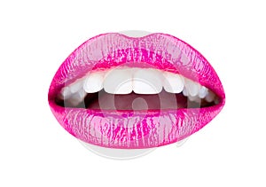 Close up happy female smile with healthy white teeth, bright gloss lips make-up. Isolated mouth, dentistry and beauty