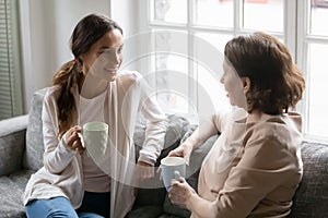 Close up happy grownup daughter and mature mother chatting