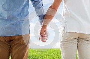 Close up of happy male gay couple holding hands