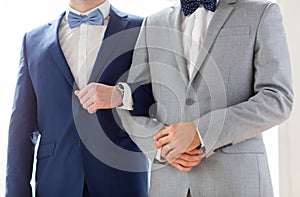 Close up of happy male gay couple holding hands