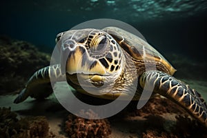 close up of happy sea turtle swimming underwater generative AI
