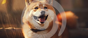 Close up of a happy Shiba Inu dog with tongue out and fawn fur