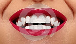 Close-up Happy Smile with Healthy White Teeth, Bright Red Lips Make-up. Cosmetology, Dentistry and Beauty care