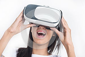Close-up of happy Women using VR-headset glasses of virtual reality on isolated white background, photo