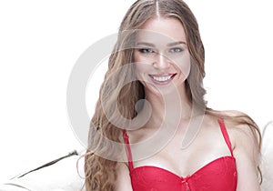 Close up.happy young woman in lingerie sitting in papasan chair