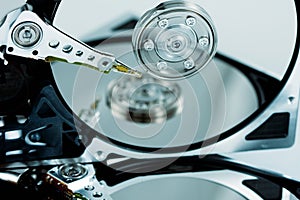 Close-up of hard drives with reflection