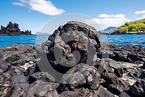 close-up of hardened, black volcanic rock on an island