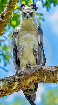 close up of harpy eagle in tree