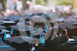 Close up hat group of Graduates during commencement. Concept education congratulation