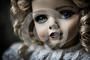 Close-up of haunted doll with big eyes. paranormal photography