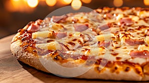 A close-up of a Hawaiian pizza topped with pineapple and ham served on a wooden pizza board photo