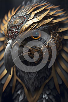 Close-up of a hawk`s head mixed with ornaments. Portrait style in 3D design.