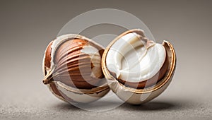Close up of a Hazelnut in its Shell Cracked Open Showing the Nut Inside.