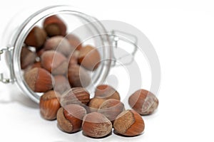 Close-up of hazelnuts, still in shell, against white background. The nuts are half in a lidded jar that has been overturned photo