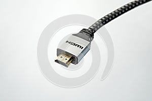 Close up of a HDMI cable on white background
