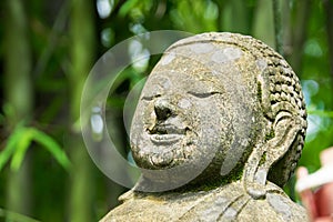 Close up Head Buddha carved from stone in bamboo park