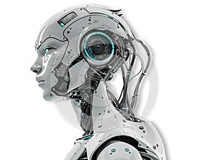 Close up of head of female cyborg or ai robot, isolated on white.