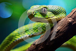 Close up of the head of a green pit viper in nature, Closeup of a stethoscope on a medical uniform, AI Generated