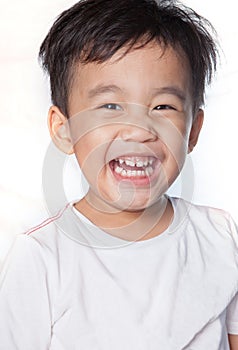 Close up head shot of asian children toothy smiling face