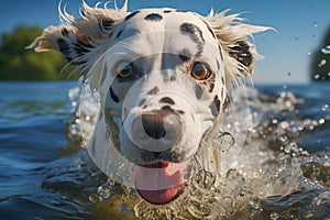 Close-up of the head of a white dog with black dots swim in a lake, generative ai