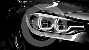 Close up on headlight of a generic unbranded black car, generative ai illustration
