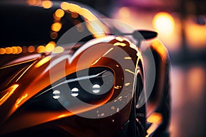 Close up on headlight of a generic and unbranded orange sport car, generative ai illustration